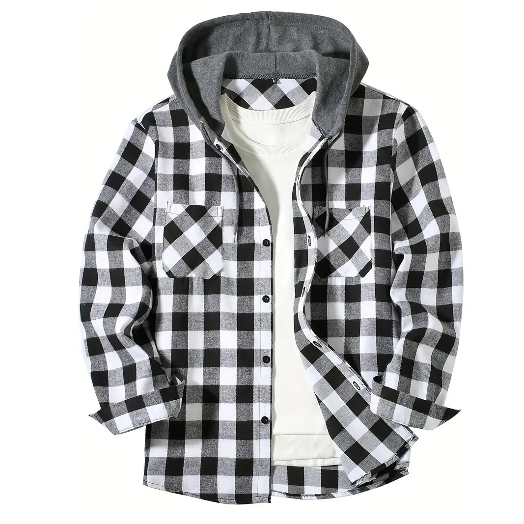 Men's Shirts Classic Plaid Casual Button Down Hooded Long Sleeved Double Pockets Shirt Hoodie Flannel Jacket Spring Autumn Tops - Imagen 7