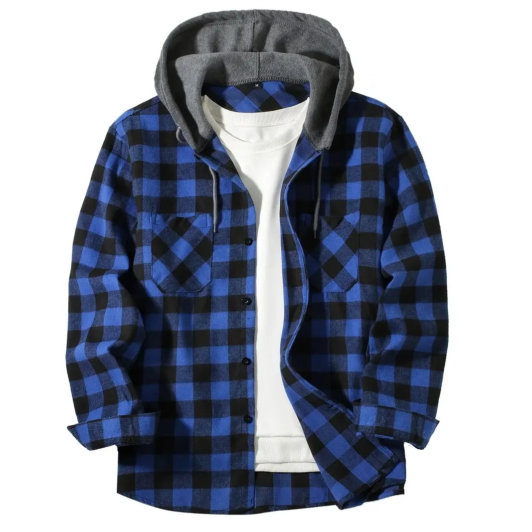 Men's Shirts Classic Plaid Casual Button Down Hooded Long Sleeved Double Pockets Shirt Hoodie Flannel Jacket Spring Autumn Tops - Imagen 8