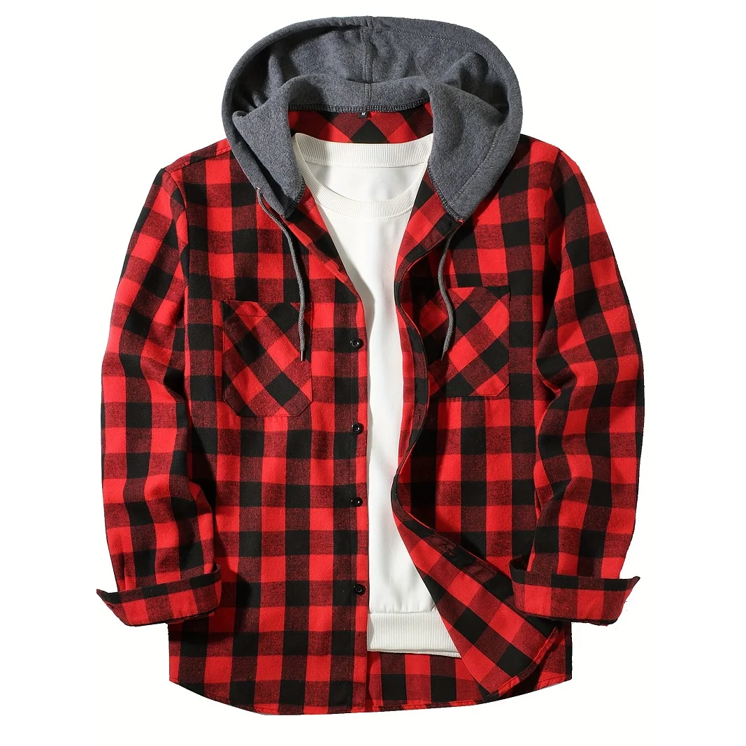 Men's Shirts Classic Plaid Casual Button Down Hooded Long Sleeved Double Pockets Shirt Hoodie Flannel Jacket Spring Autumn Tops - Imagen 3