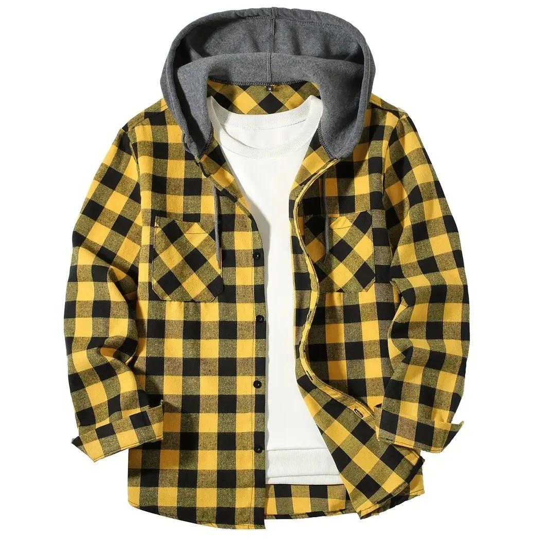 Men's Shirts Classic Plaid Casual Button Down Hooded Long Sleeved Double Pockets Shirt Hoodie Flannel Jacket Spring Autumn Tops - Imagen 6