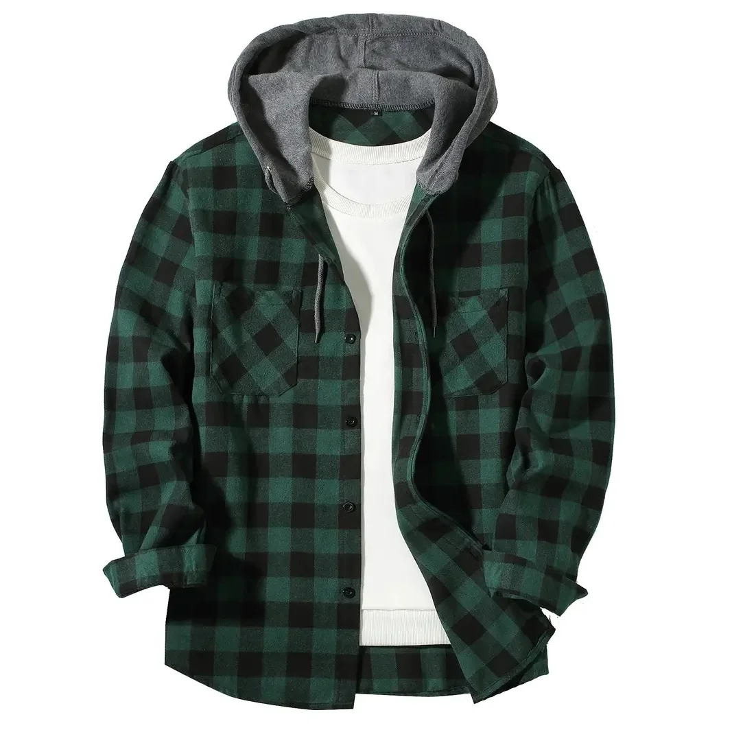 Men's Shirts Classic Plaid Casual Button Down Hooded Long Sleeved Double Pockets Shirt Hoodie Flannel Jacket Spring Autumn Tops - Imagen 4