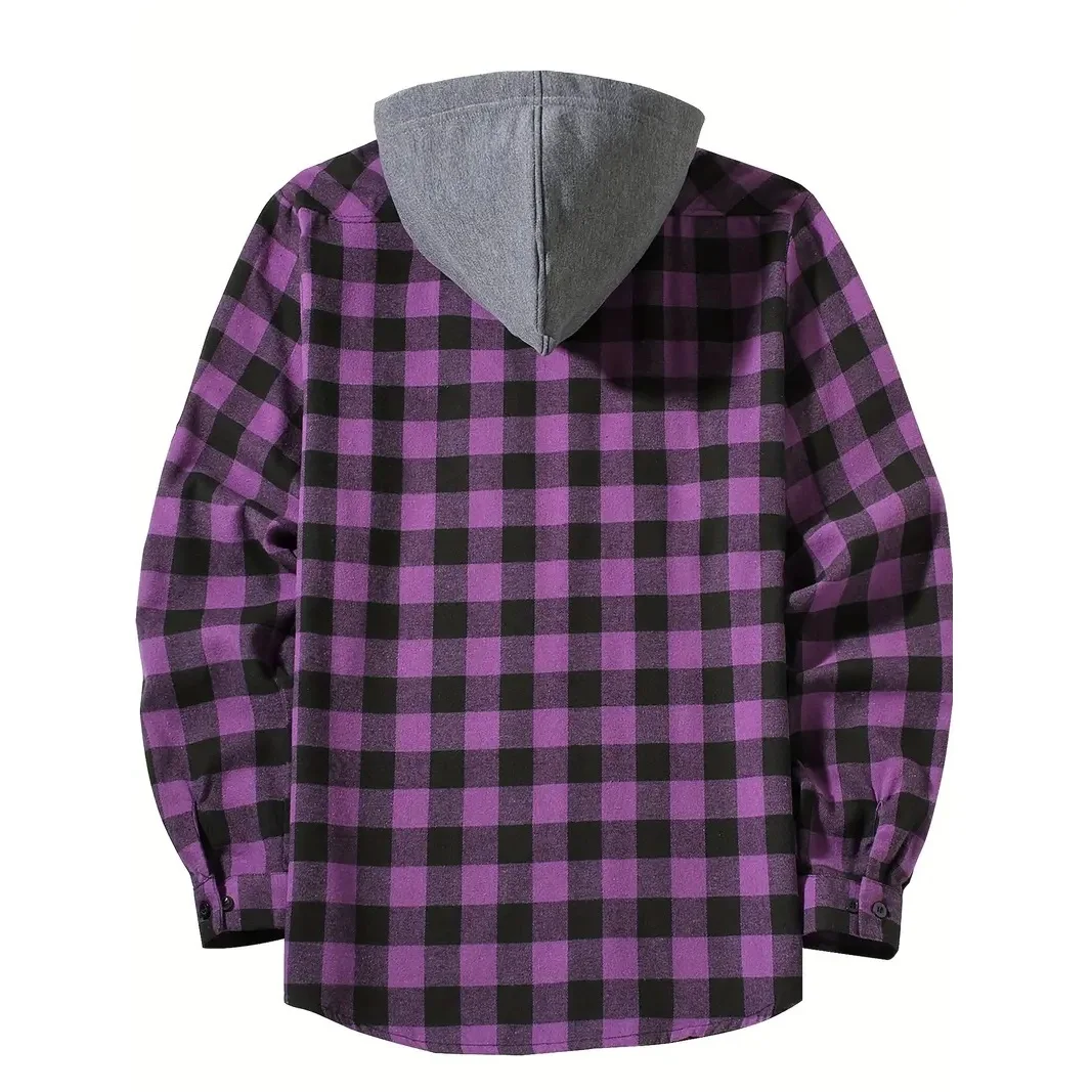 Men's Shirts Classic Plaid Casual Button Down Hooded Long Sleeved Double Pockets Shirt Hoodie Flannel Jacket Spring Autumn Tops - Imagen 2