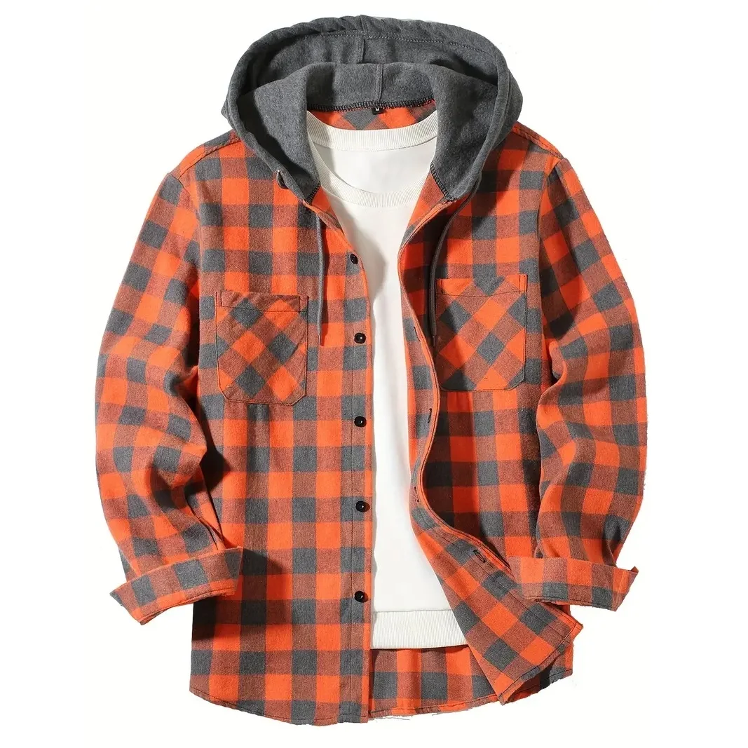 Men's Shirts Classic Plaid Casual Button Down Hooded Long Sleeved Double Pockets Shirt Hoodie Flannel Jacket Spring Autumn Tops - Imagen 5